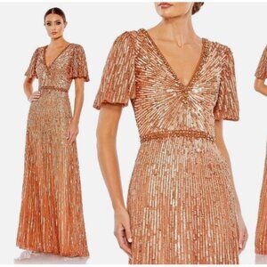 MAC DUGGAL 5538 EMBELLISHED V-NECK BUTTERFLY SLEEVE COLUMN COPPER GOWN sz 2